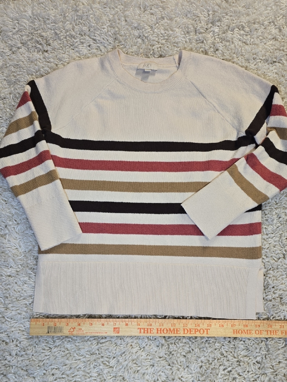 LOFT Cream Crewneck Sweater with Mulberry, Taupe & Brown Stripes 1122